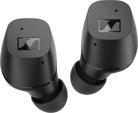 Twee zwarte oortelefoons met het Sennheiser-logo. Ze worden close-up getoond op een witte achtergrond.