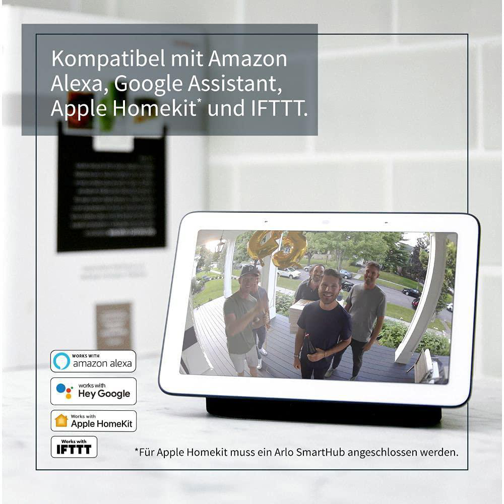 Smart-Home-Gerät mit Bildschirm, Personen auf dem Bildschirm und Logos.