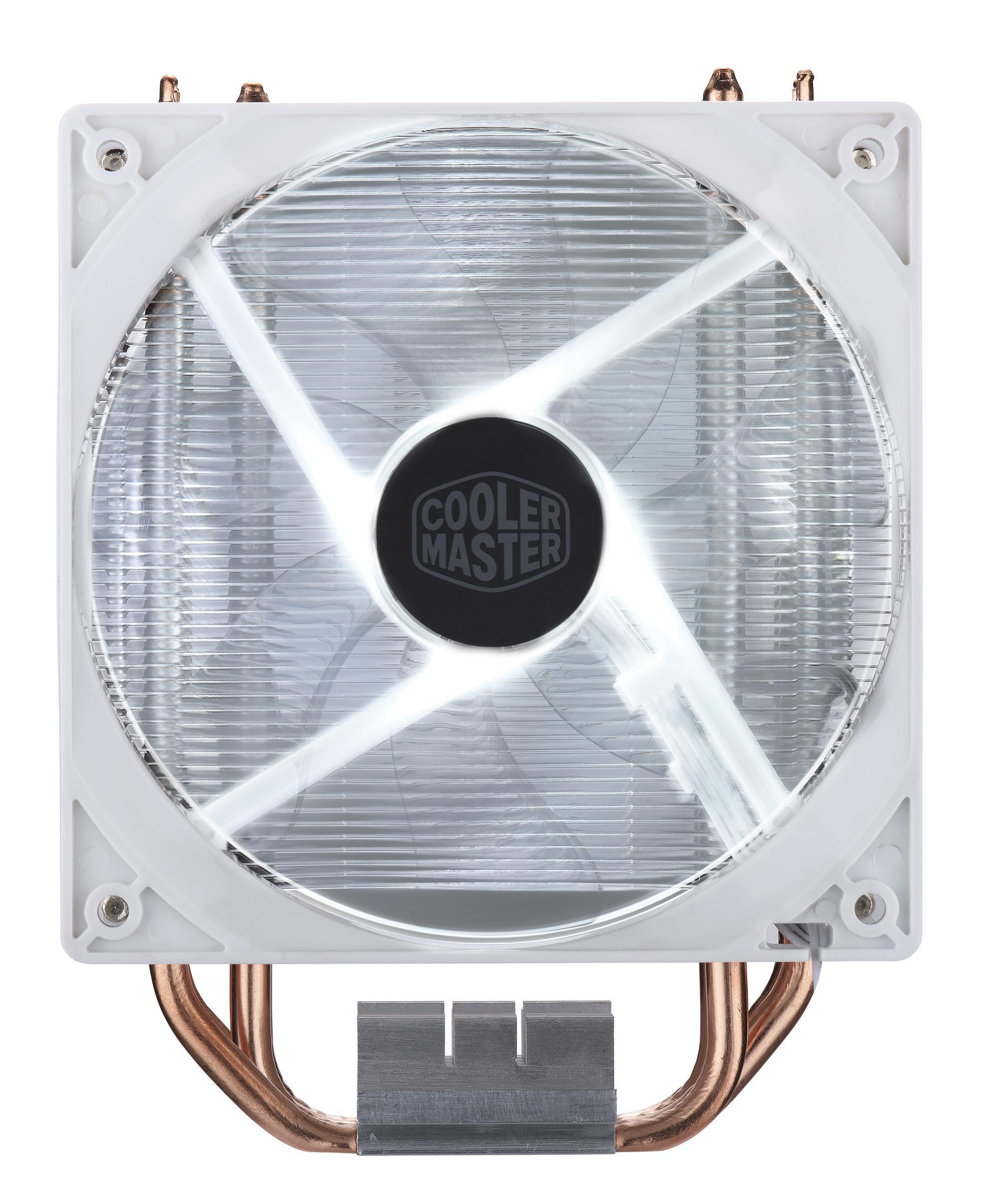 Weißer CPU-Kühler mit zentralem Lüfter, Kupferrohren und Cooler Master Logo.