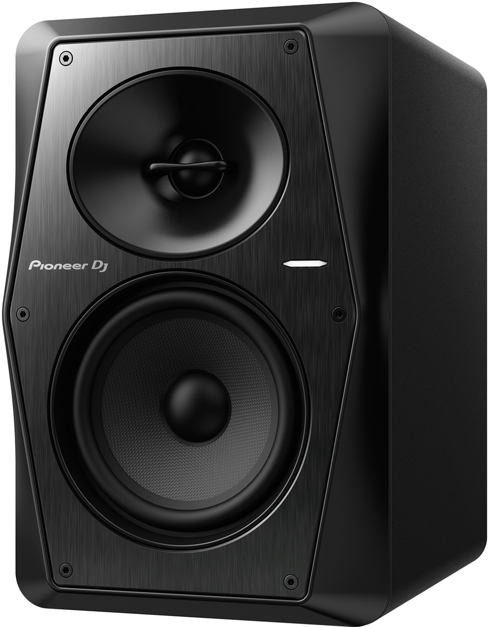 A black Pioneer DJ speaker. It has two speakers and a logo. The background is a light grey color.
