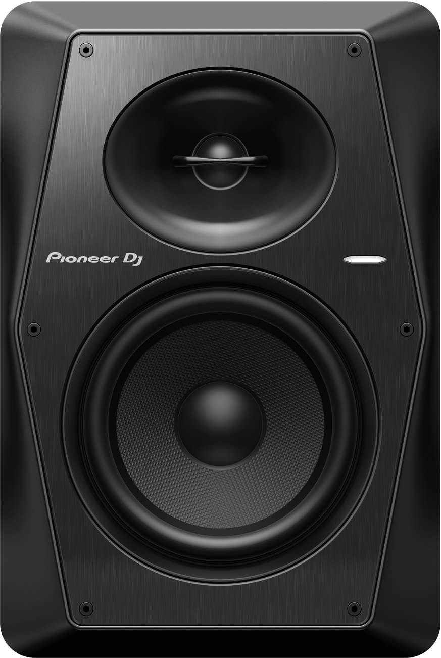 Zwarte Pioneer DJ-luidspreker met twee luidsprekerkegels en het Pioneer DJ-logo.