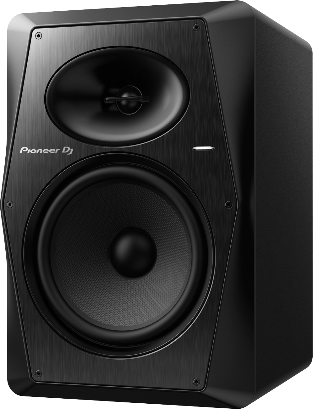 A black Pioneer DJ speaker. It has two speakers. The top one is smaller and the bottom one is larger.