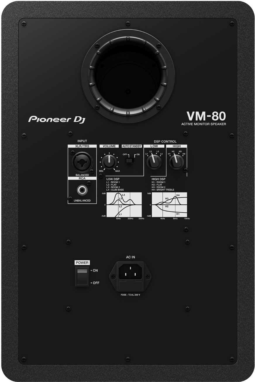 Back of a black Pioneer DJ VM-80 speaker, with controls and ports visible.