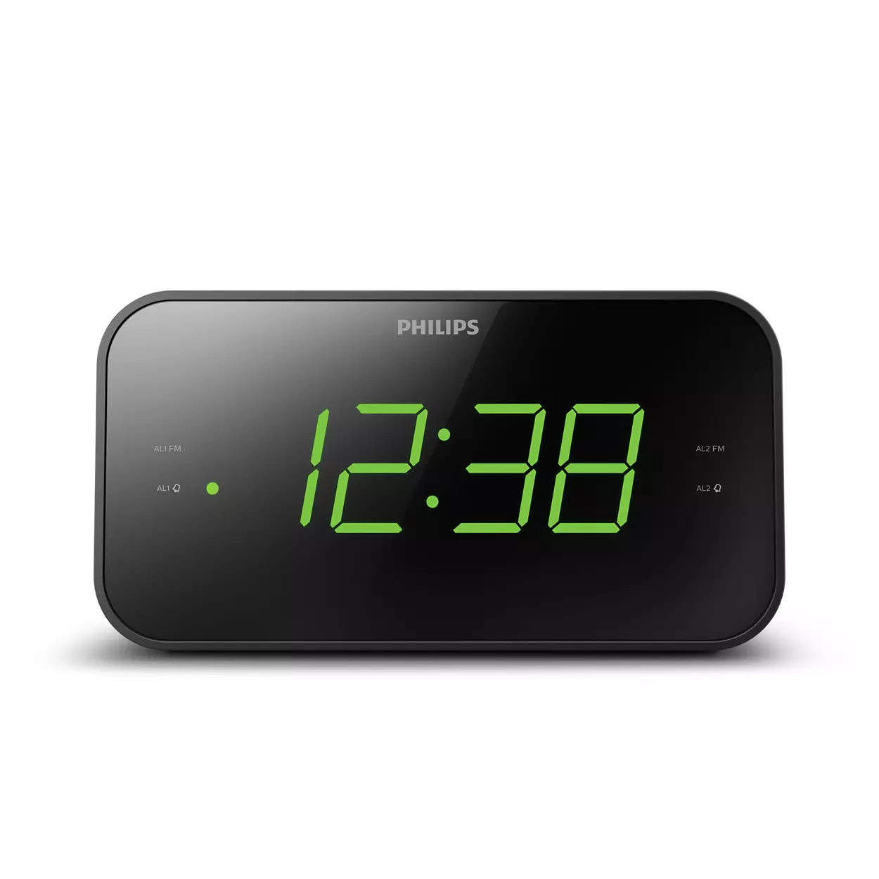 Schwarze Digitaluhr. Grüne Zahlen zeigen 12:38. Philips-Logo oben. Knöpfe an den Seiten.