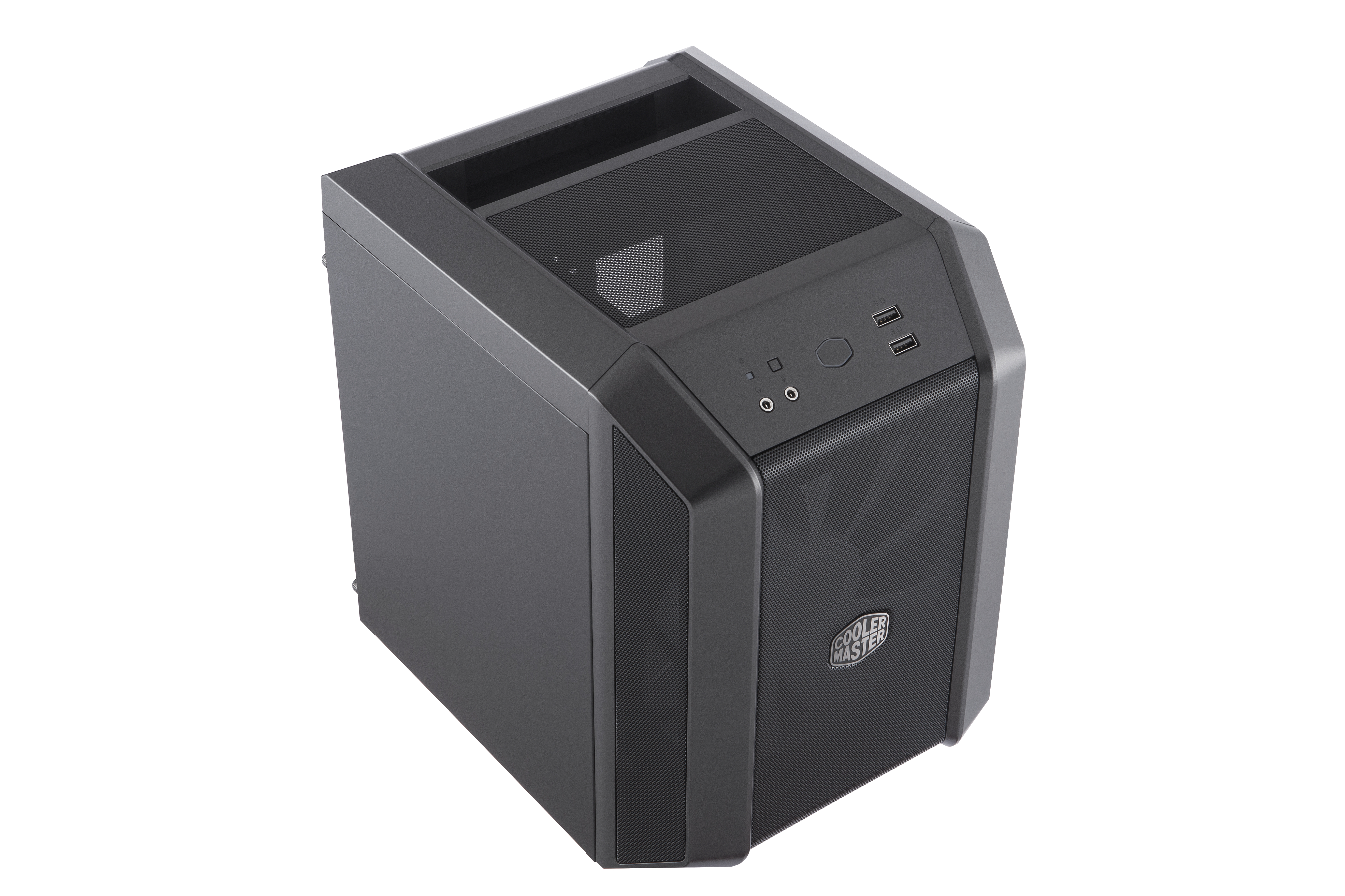 Ein schwarzes Computergehäuse mit Mesh-Front und -Oberseite, mit USB-Anschlüssen und Knöpfen.
