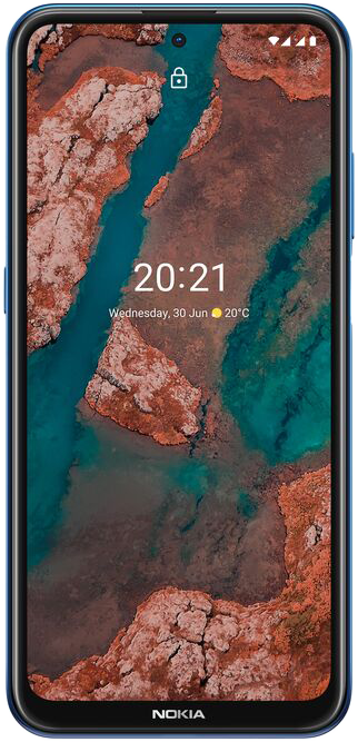 Nokia okostelefon kék kerettel, a képernyőn táj és idő látható.