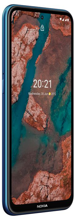 Nokia telefon, kék színű, a képernyőn egy dátum és egy tájkép háttérkép látható.