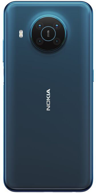 Kék Nokia okostelefon, hátulja látható, a kameramodullal és a Nokia logóval.