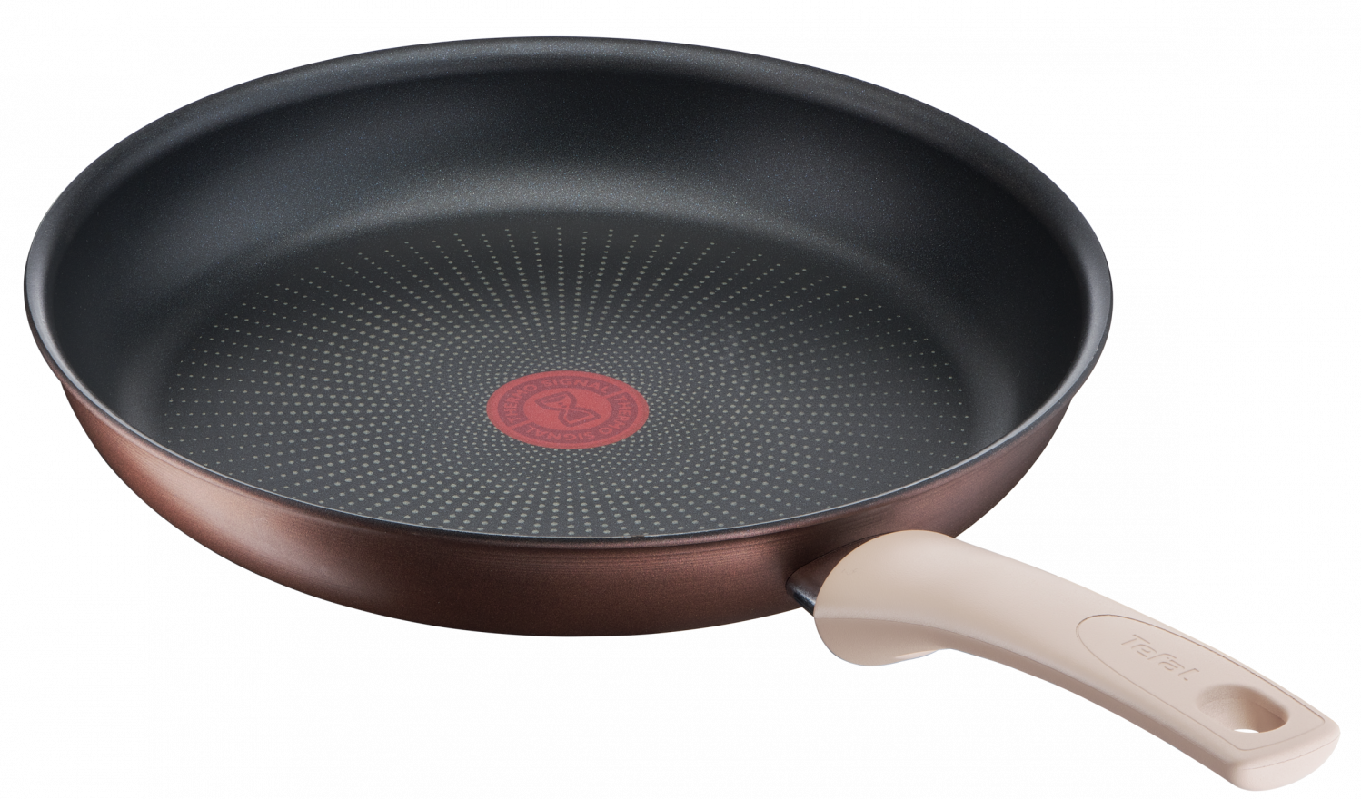Brown and black frying pan with a light handle, and a red center logo.