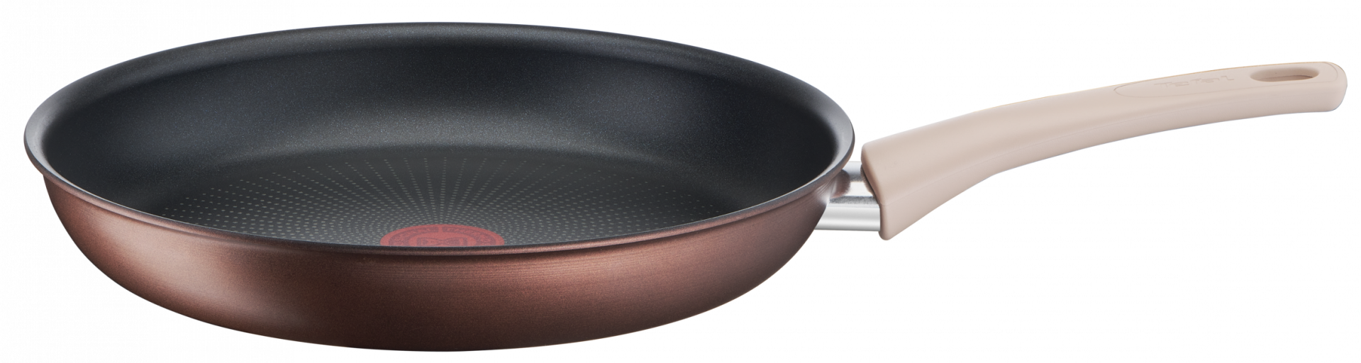 A non-stick frying pan with a brown exterior and a beige handle.