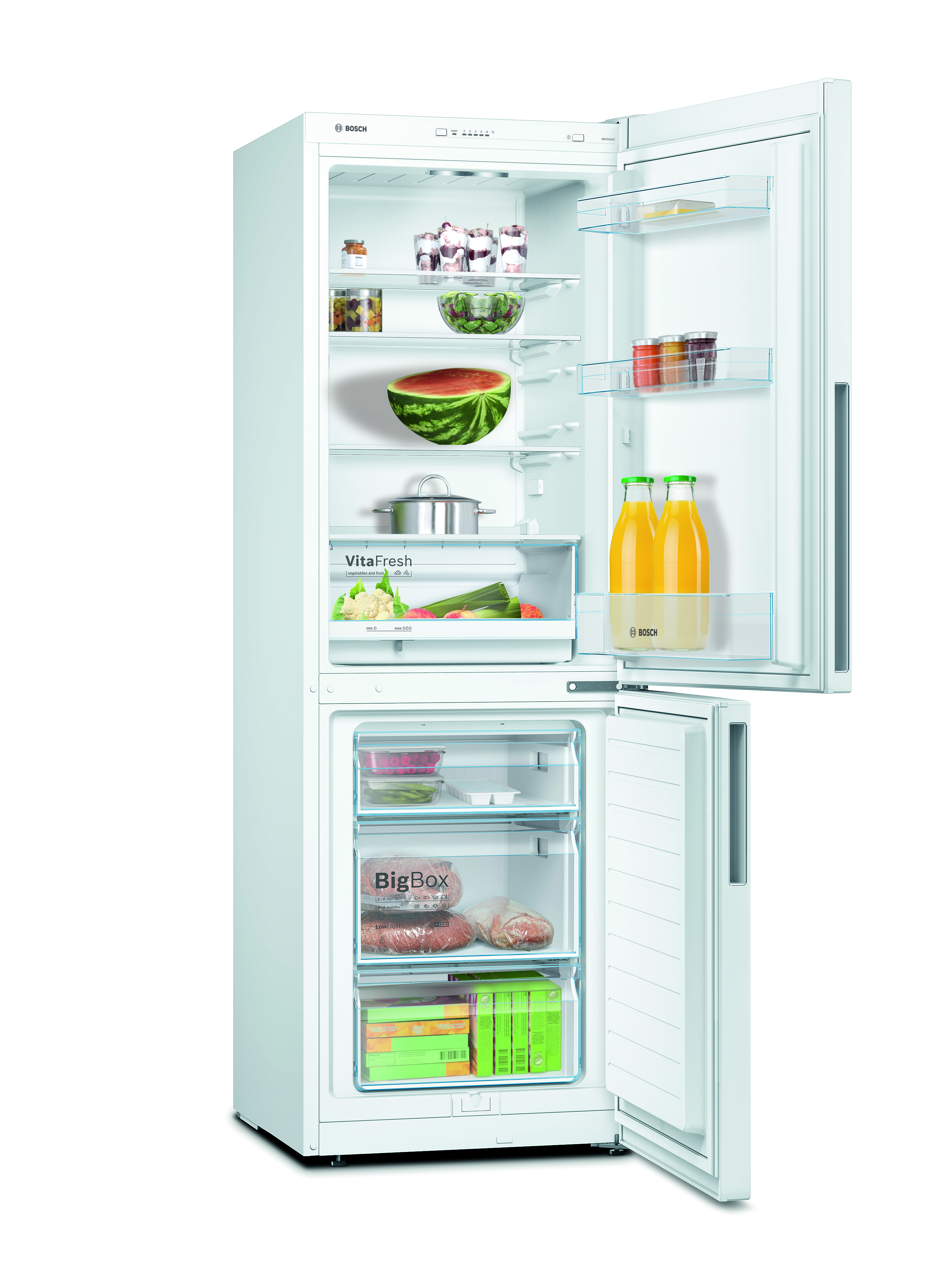 White refrigerator with open doors. Fruits, juice bottles, and food items are visible inside.