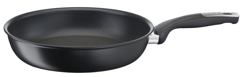 Black frying pan with a long handle. The pan is on a black background.