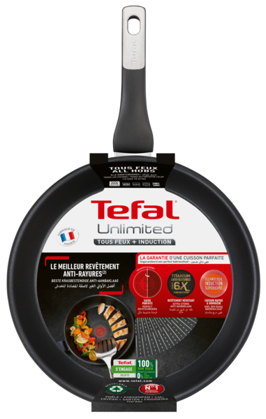 Black Tefal frying pan with a long handle. The pan is on a white background, with text visible.