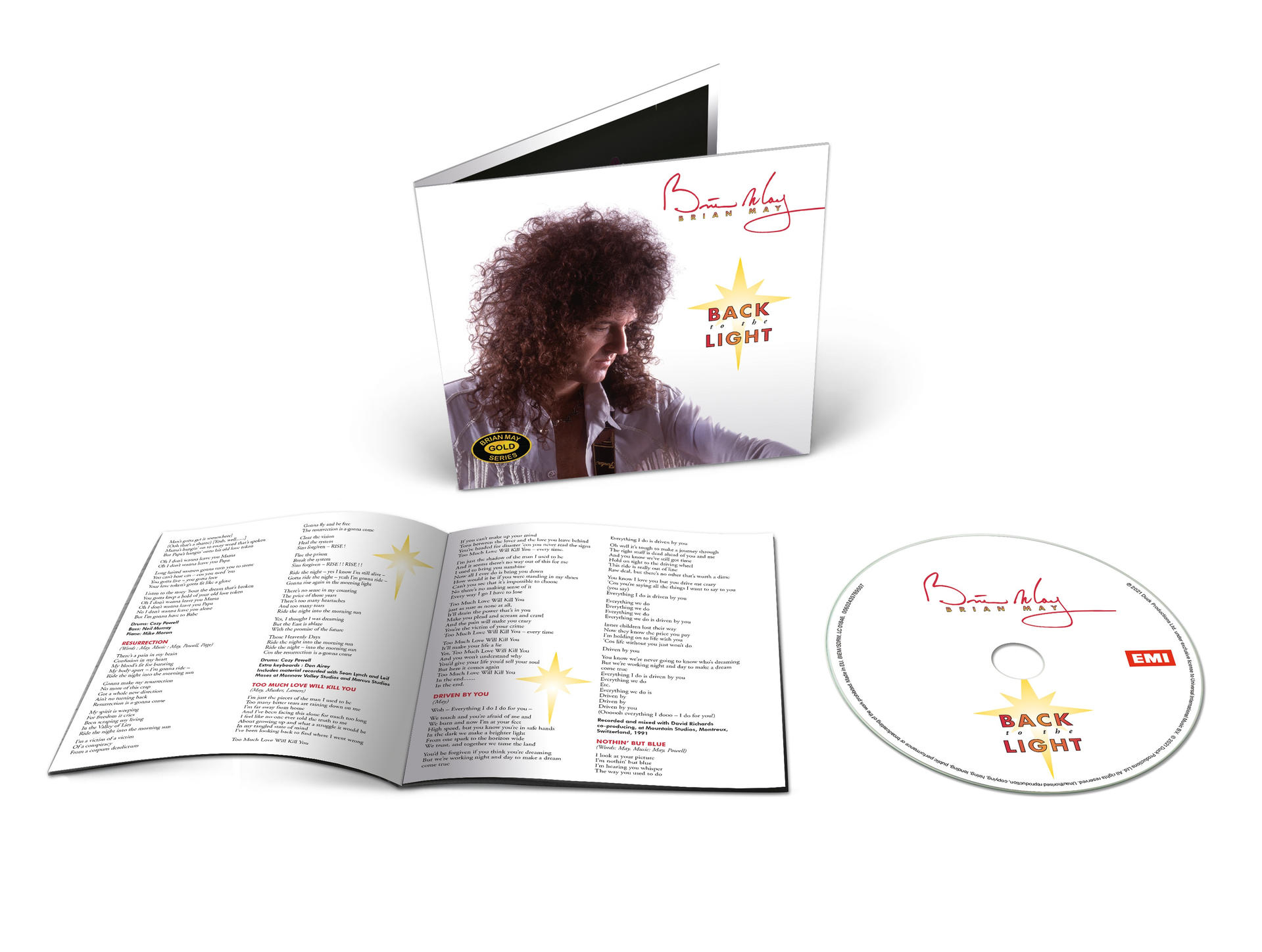 CD-Album mit Cover-Art und Texten auf der Innenseite. Das Cover zeigt Brian May.