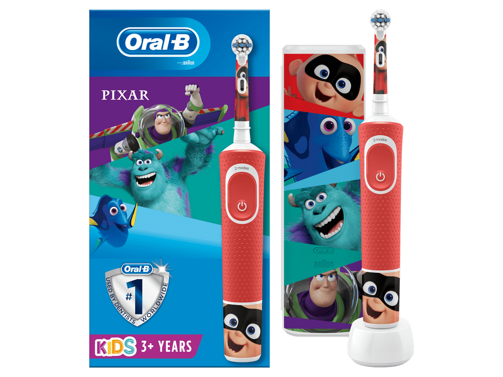 Cepillo Oralb D100 pixar estuche infantil kids niños dental braun viaje dientes recargable disney·pixar temporizador 4 pegatinas 3d 1 mango con personajes lo mejor funda partir 3