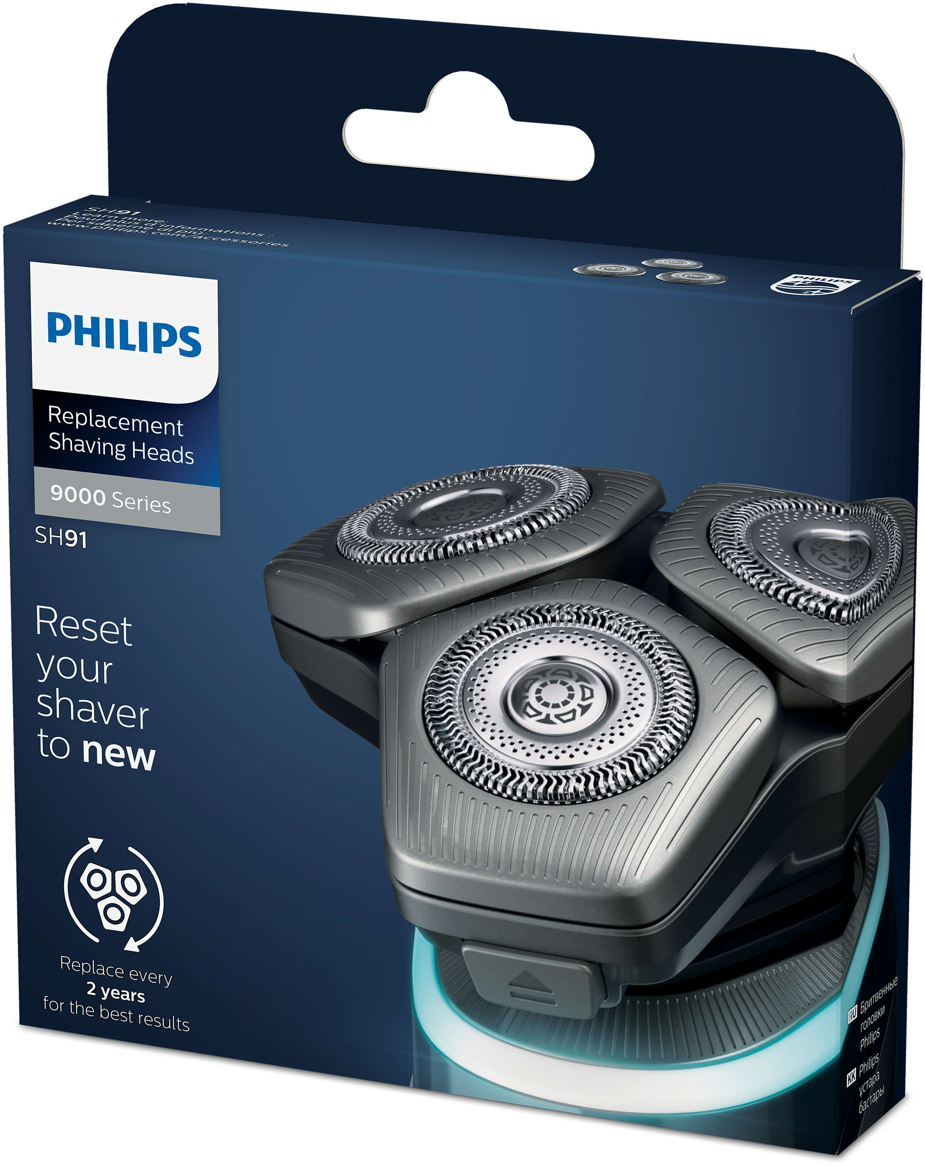 Box mit Philips Ersatz-Rasierköpfen, blau und weiß, mit Nahaufnahme der Köpfe.