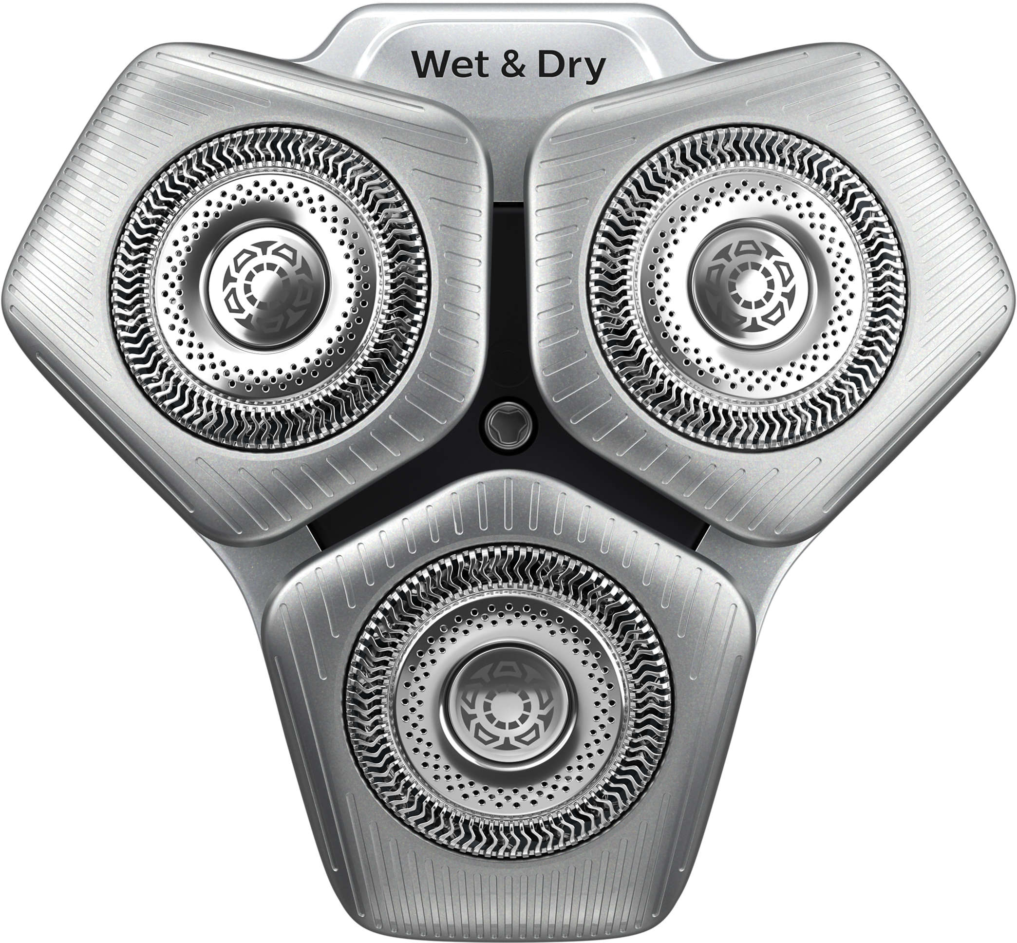 Nahaufnahme der Philips Rasierköpfe, silberfarben, mit der Aufschrift 'Wet & Dry'.