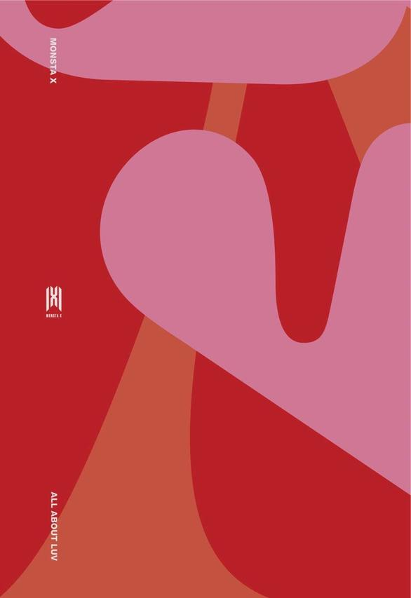 Absztrakt poszter piros és rózsaszín dizájnnal, az 'ALL ABOUT LUV' szavakkal és a Monsta X logóval.