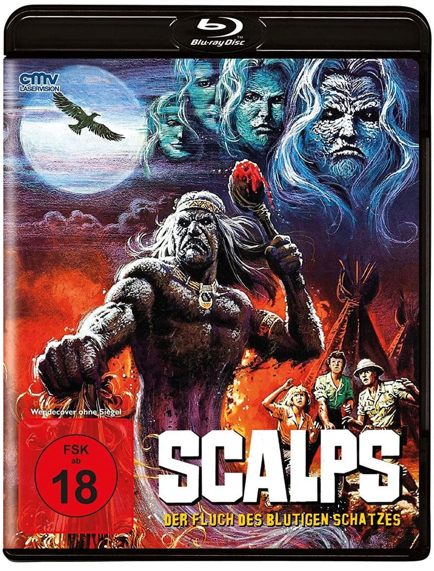 Blu-ray-Disc-Cover für Scalps. Enthält einen indianischen Krieger auf feurigem Hintergrund.
