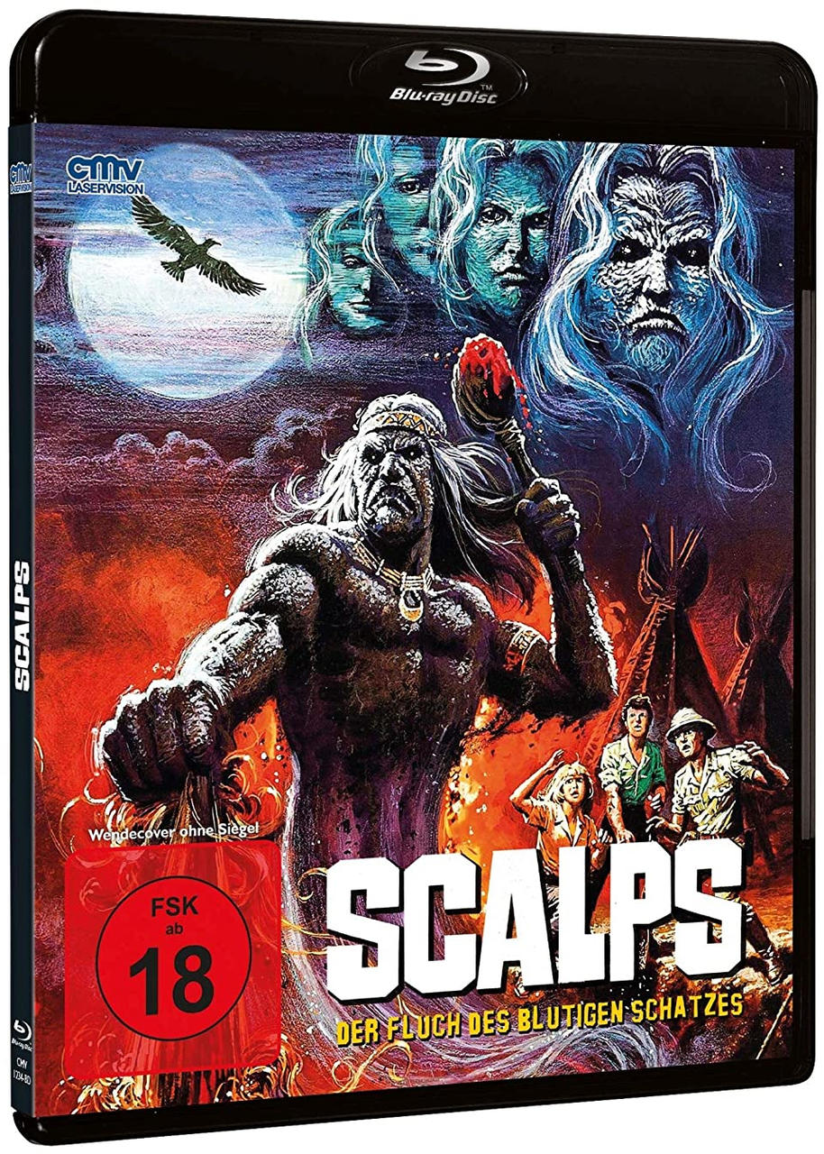 DVD-Cover von 'Scalps'. Zeigt einen amerikanischen Ureinwohner, mit Horror-Thema.