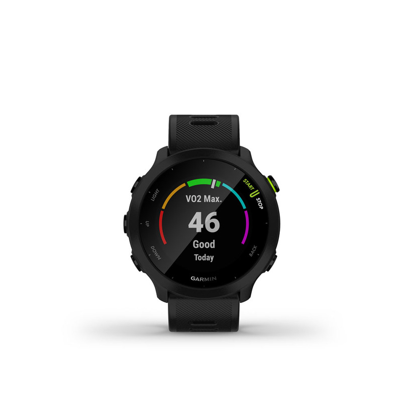 Fekete Garmin okosóra, VO2 max, 46 és 'Good Today' kijelzéssel.