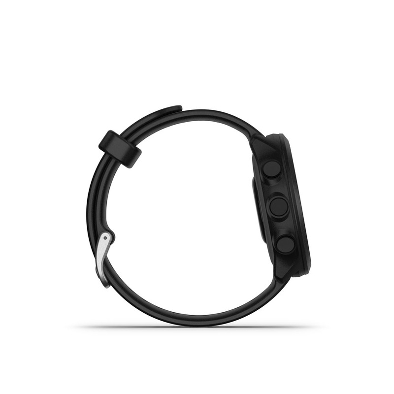 Egy fekete Garmin óra oldalsó nézete, három gombbal a jobb oldalon és egy fekete szíjjal.