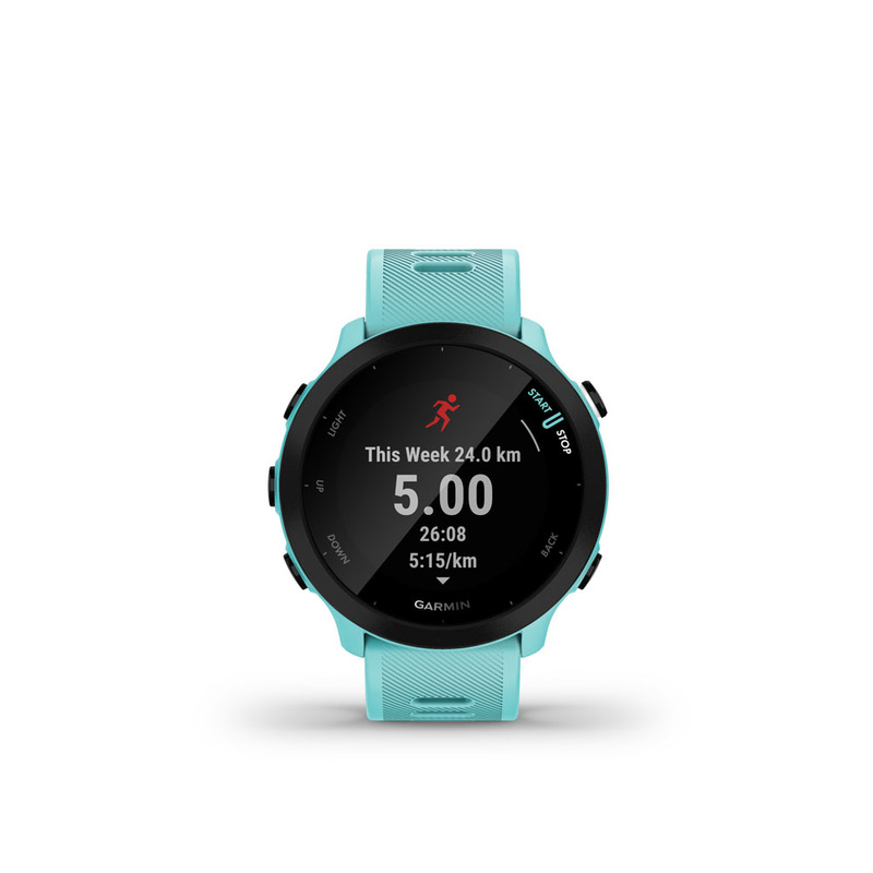 Egy türkiz Garmin okosóra futási statisztikákat mutat: távolság, idő és tempó.