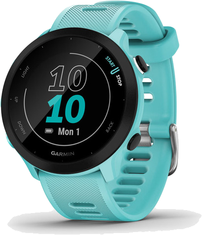 Türkiz Garmin óra fekete kijelzővel, ami az időt és a dátumot mutatja. Fekete gombok láthatók.