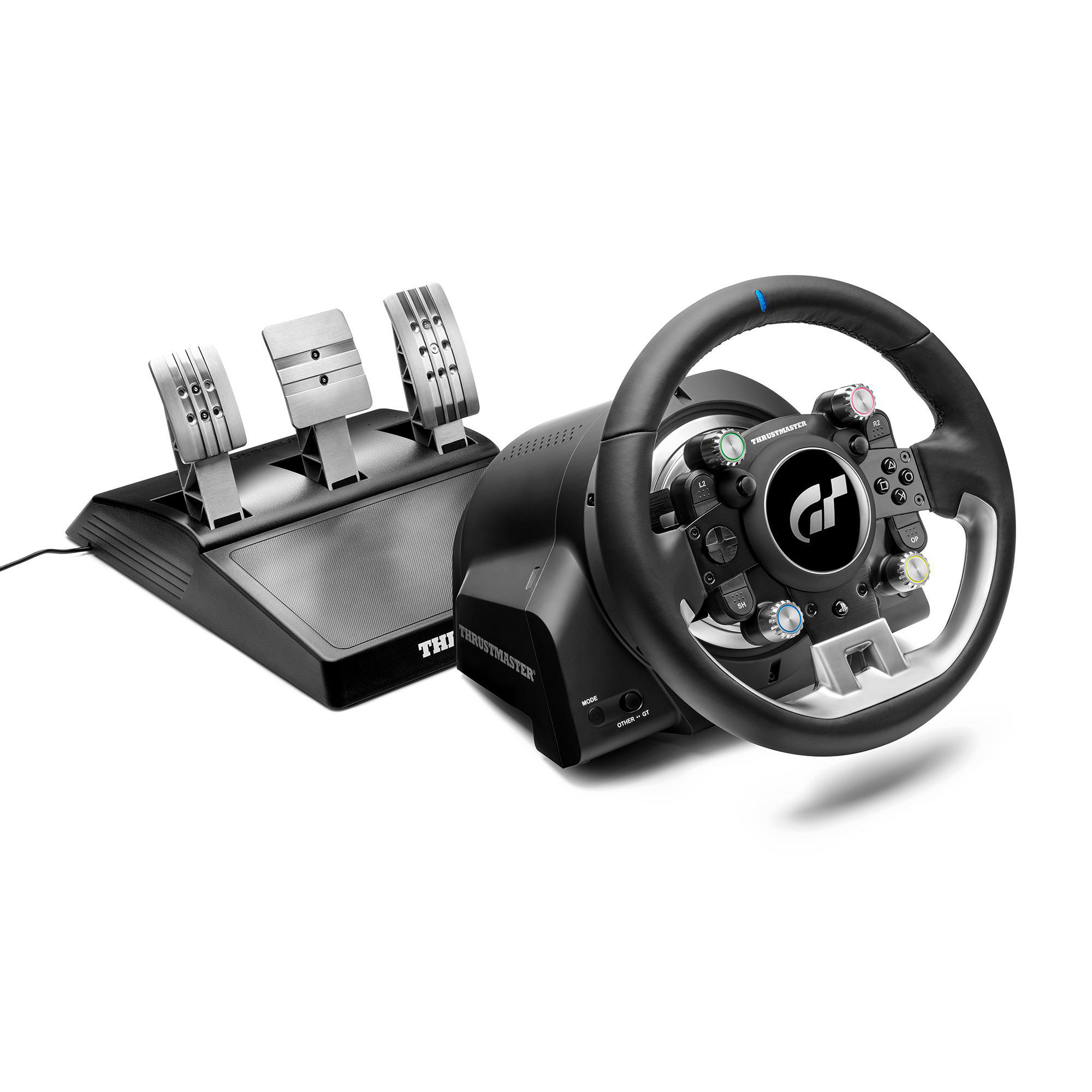 Gaming-Lenkrad und Pedalset, schwarz-silbernes Design auf weißem Hintergrund.