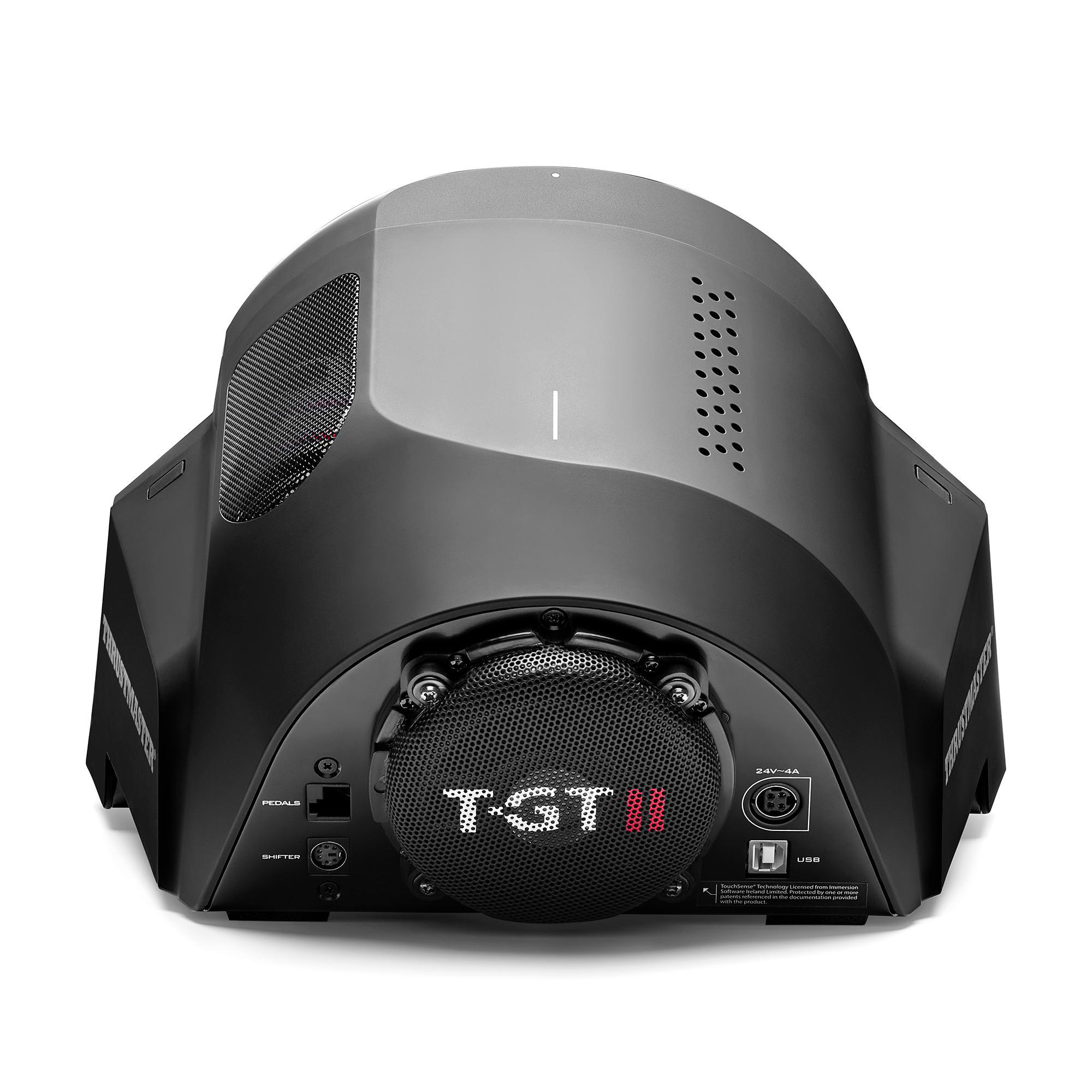 Schwarze Rennradbasis für einen T-GT II Rennsimulator, mit Anschlüssen und Knöpfen.