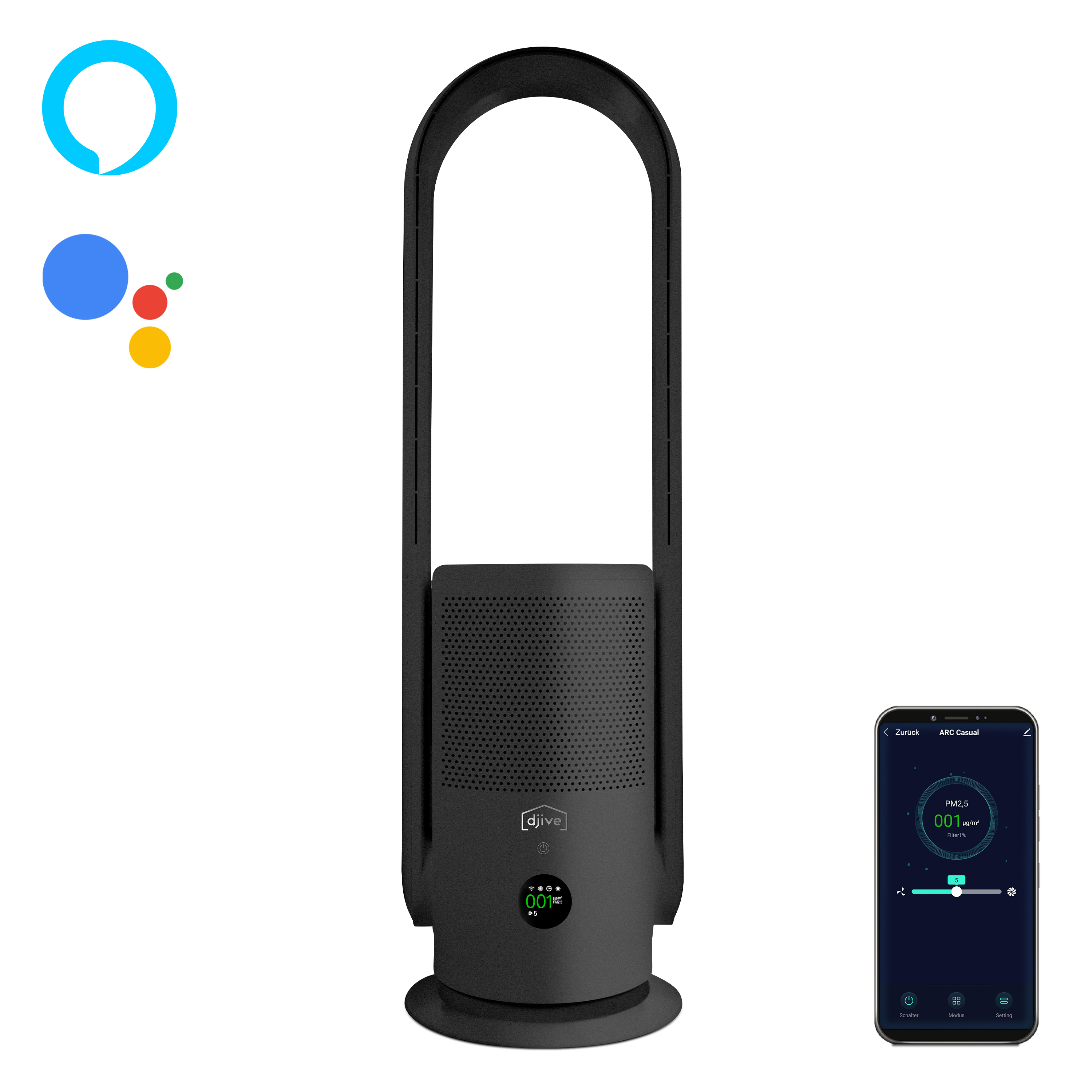 Schwarzer Luftreiniger mit gewölbter Oberseite. Hat eine Digitalanzeige und ein Alexa-Logo.