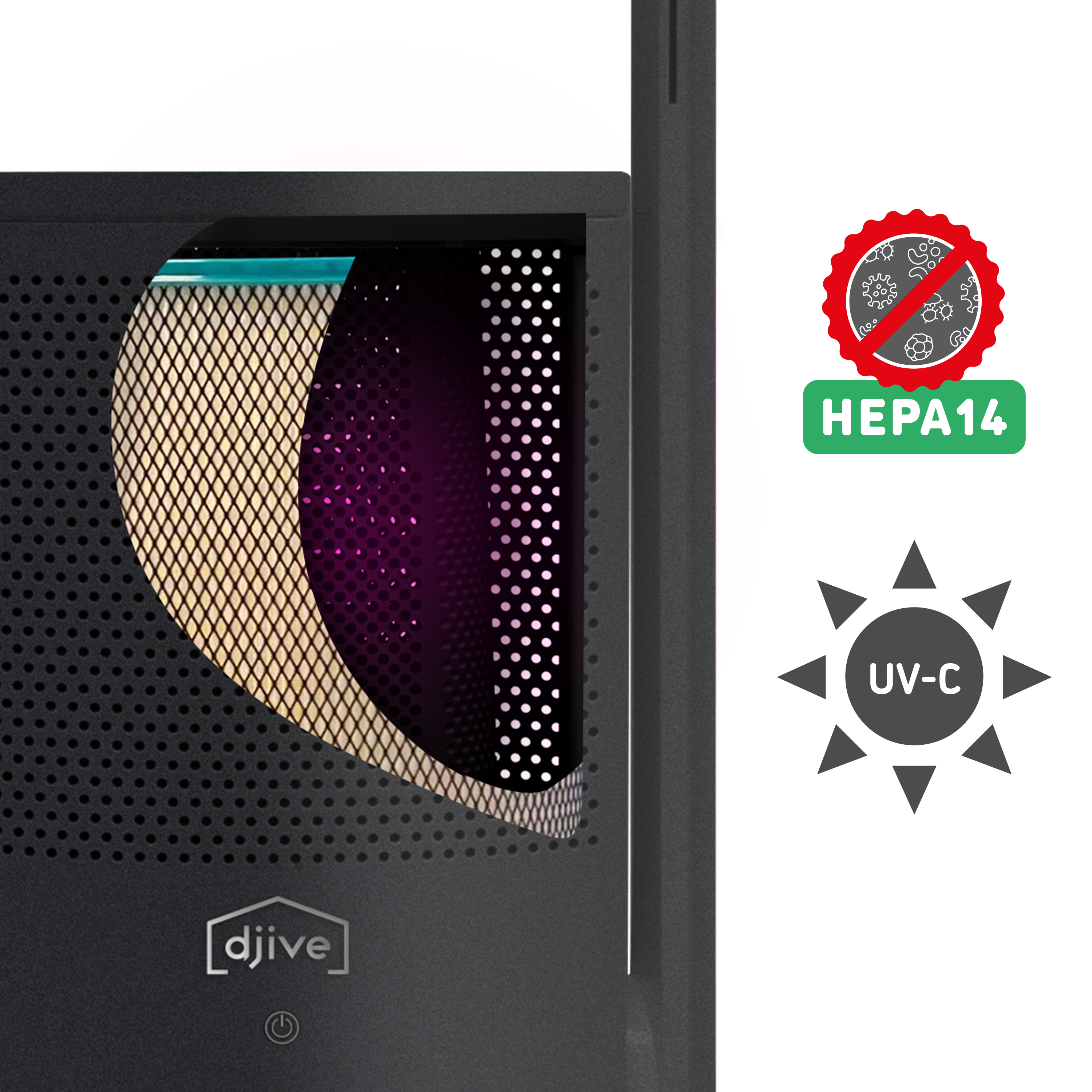 Details des Luftfilter. HEPA14- und UV-C-Symbole sind sichtbar.