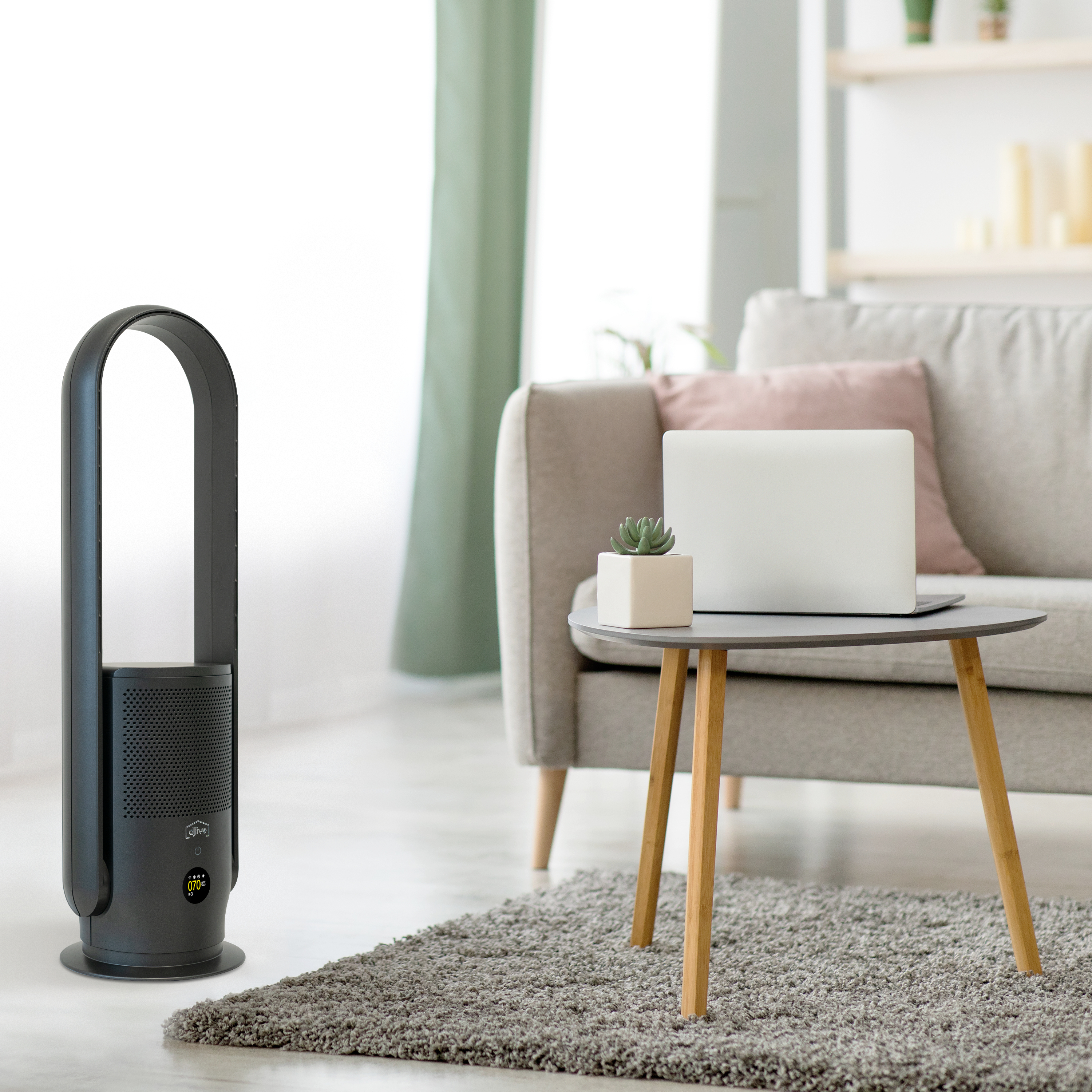 Schwarzer Ventilator und Tisch mit Laptop im Wohnzimmer mit Teppich.