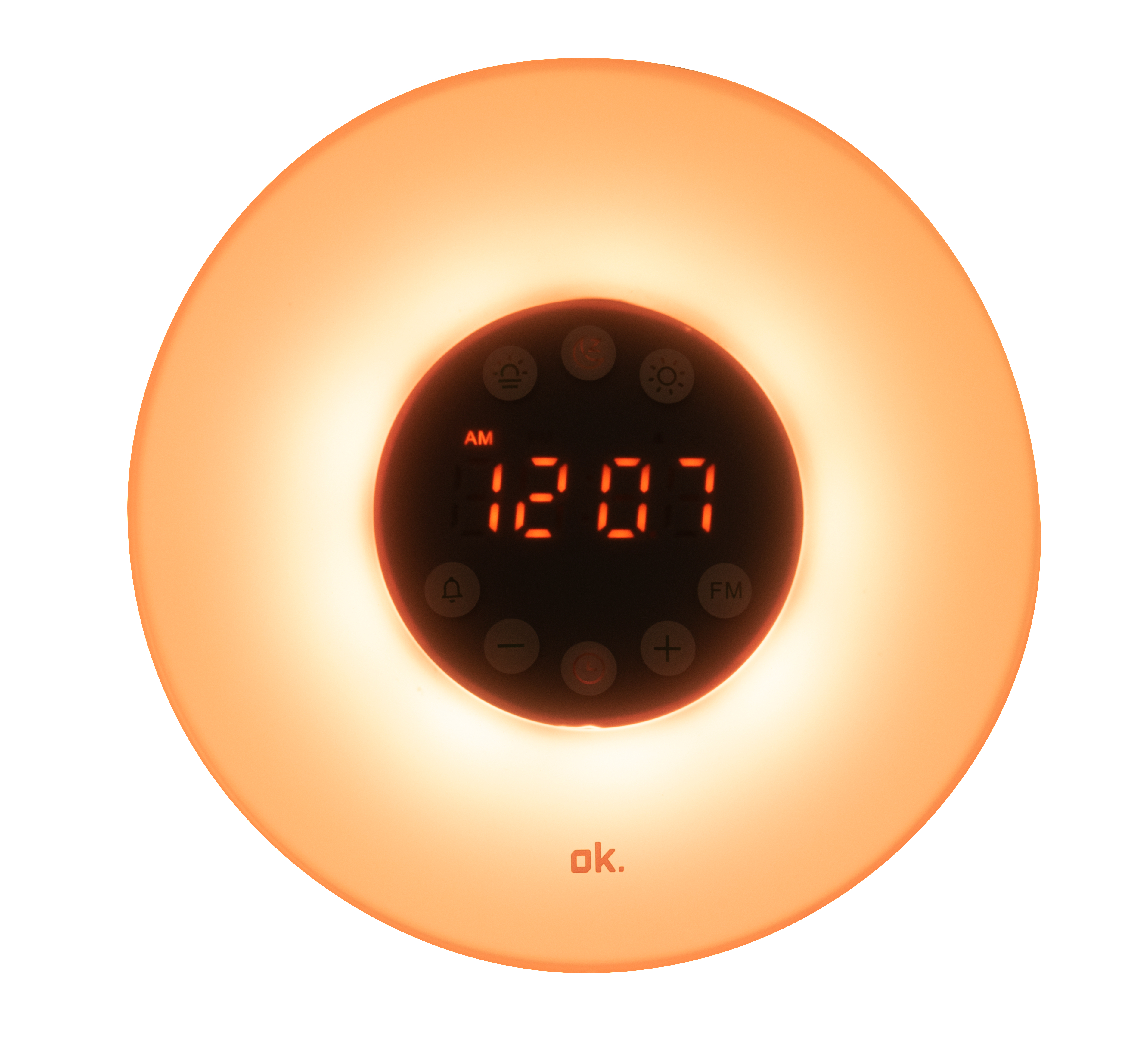 Runder Wecker mit orangefarbenem Licht. Zeigt 12:07, mit Knöpfen.
