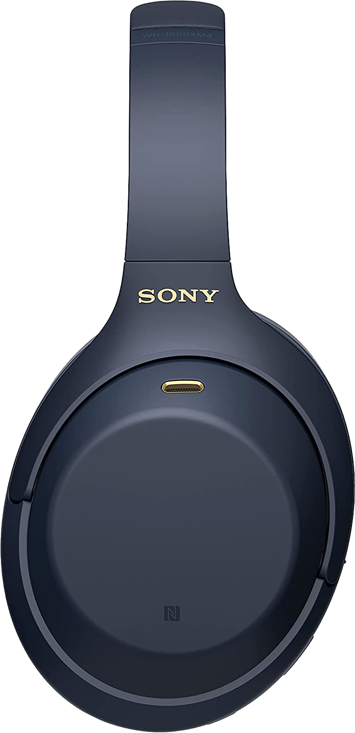 Sötétkék Sony WH-1000XM4 fejhallgató, felülnézet, arany részletekkel, fehér háttéren.