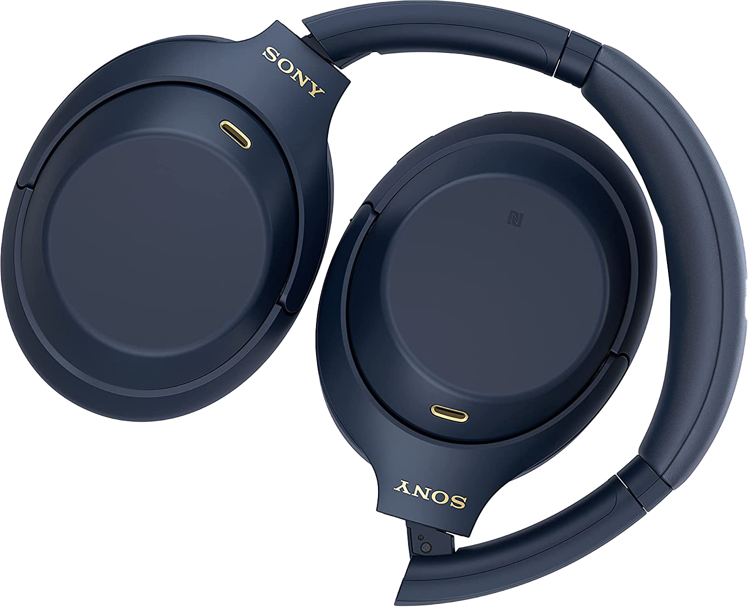 Sötétkék Sony WH-1000XM4 fejhallgató, nyitott, fehér háttéren. Arany részletek láthatók.