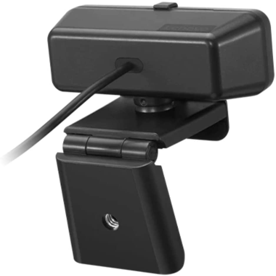 Schwarze Webcam auf einem Ständer. Mit Linse, Kabel und einem Klappfuß.
