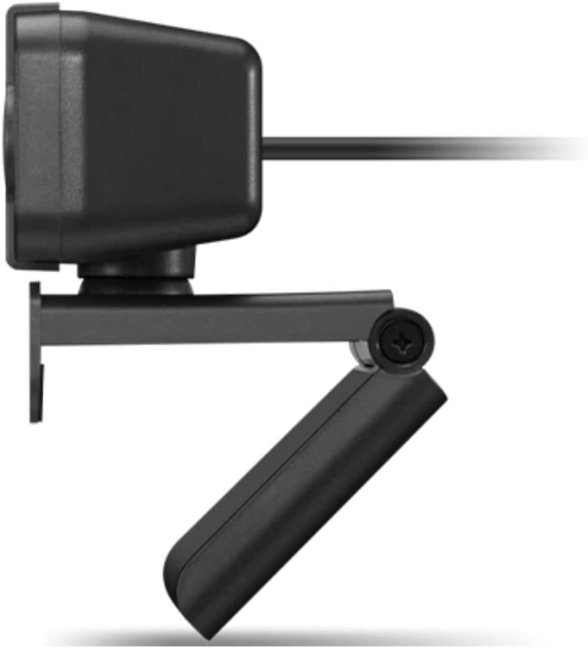 Eine schwarze Webcam mit verstellbarem Ständer, isoliert auf weißem Grund.