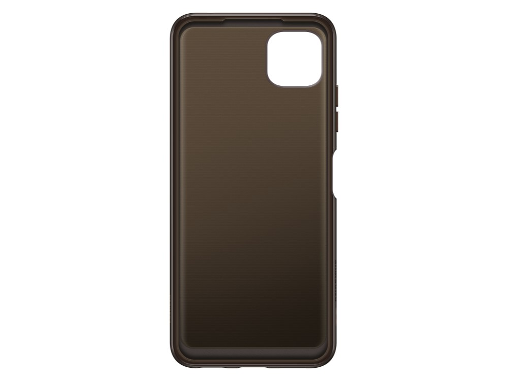 Funda de teléfono marrón. Es rectangular con un recorte para la cámara.