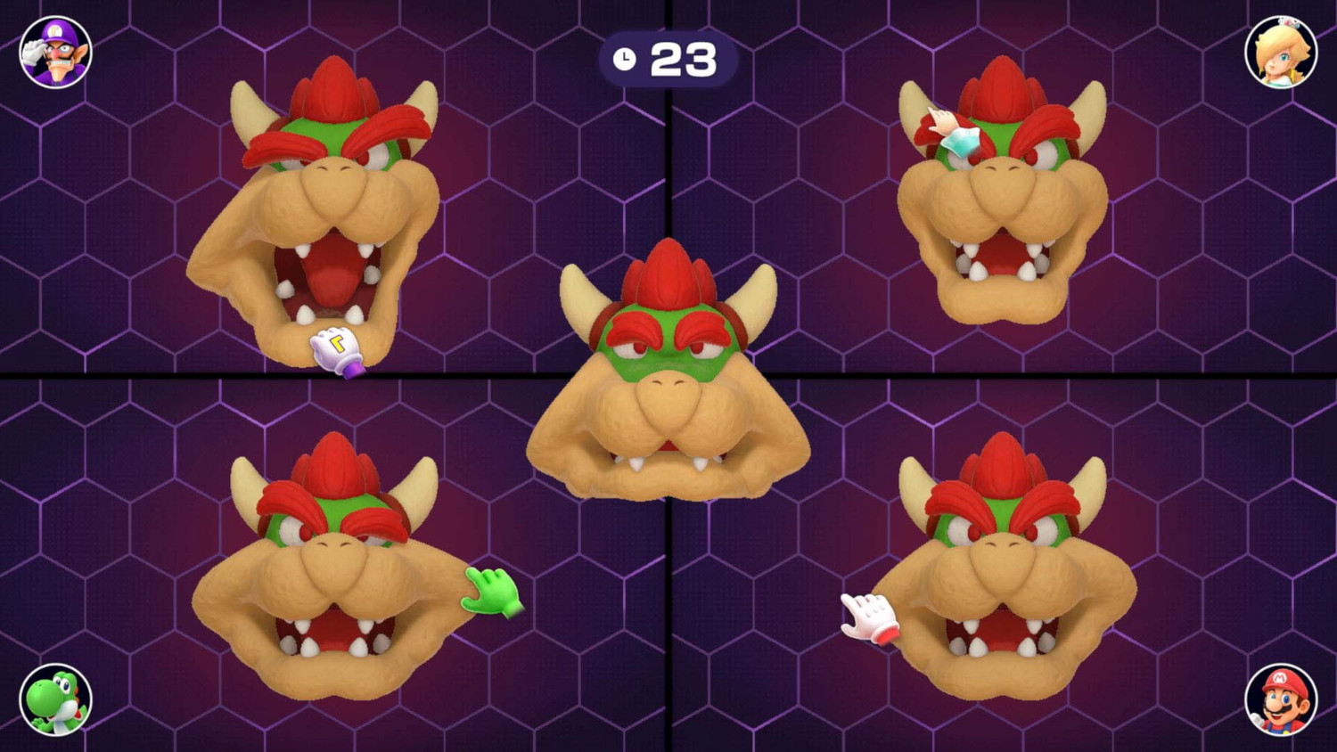 Mario Party-spelscène, met Bowser-gezichten. Groene Yoshi en andere personages zijn aanwezig.