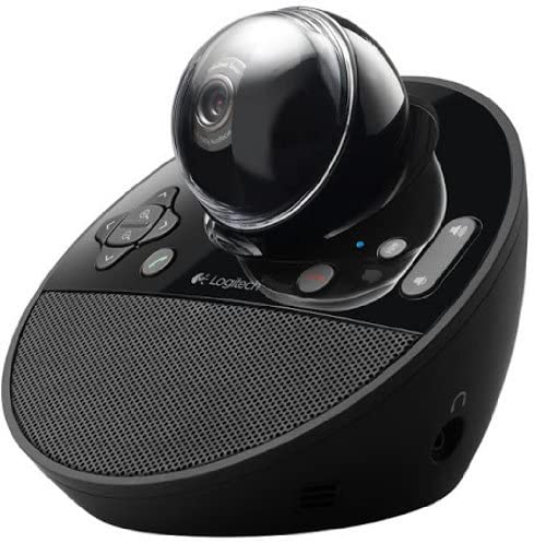 Schwarzes Logitech-Videokonferenzgerät. Es hat eine Kamera und einen Lautsprecher mit mehreren Tasten.