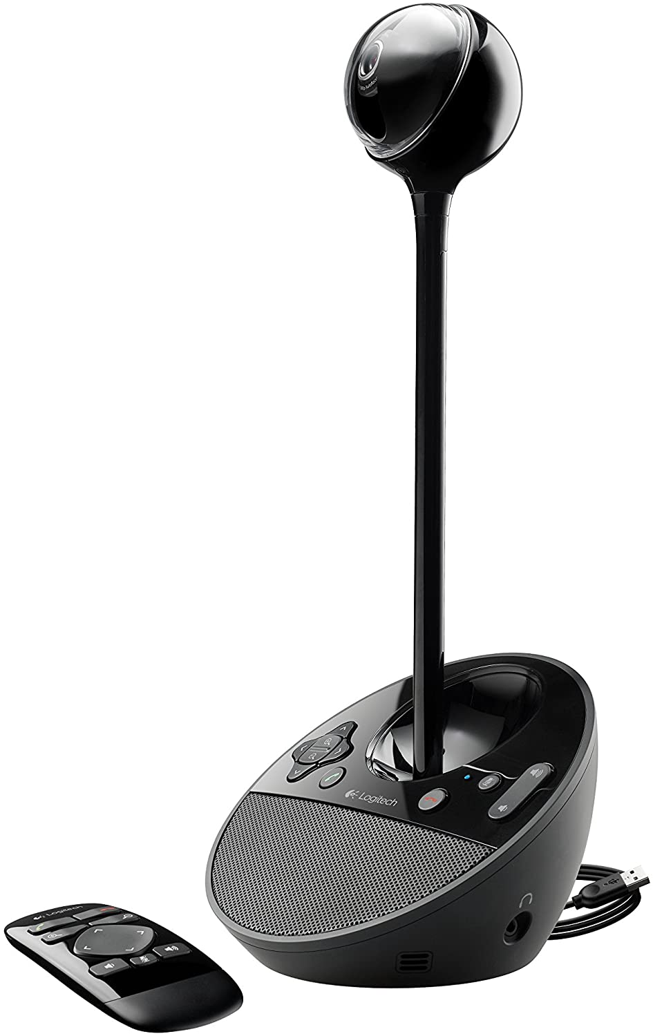 Ein schwarzes Logitech-Freisprechgerät mit Fernbedienung.