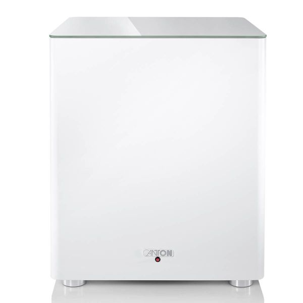 Weißer quadratischer Subwoofer mit Glasplatte, silbernen Beinen und Canton-Logo auf schwarzem Grund.