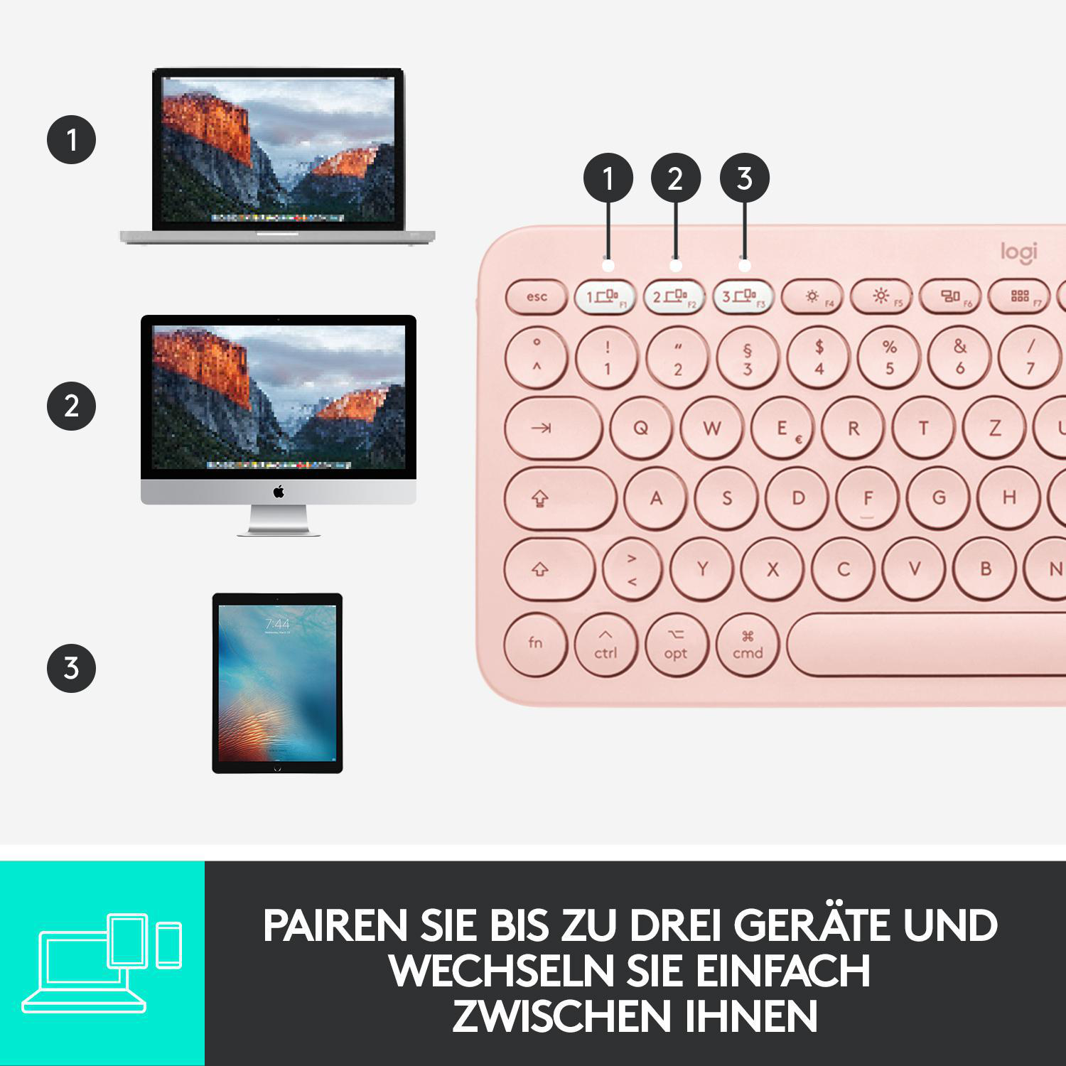 LOGITECH K380 für Mac, Multi-Device, Tastatur, kabellos, Rosa