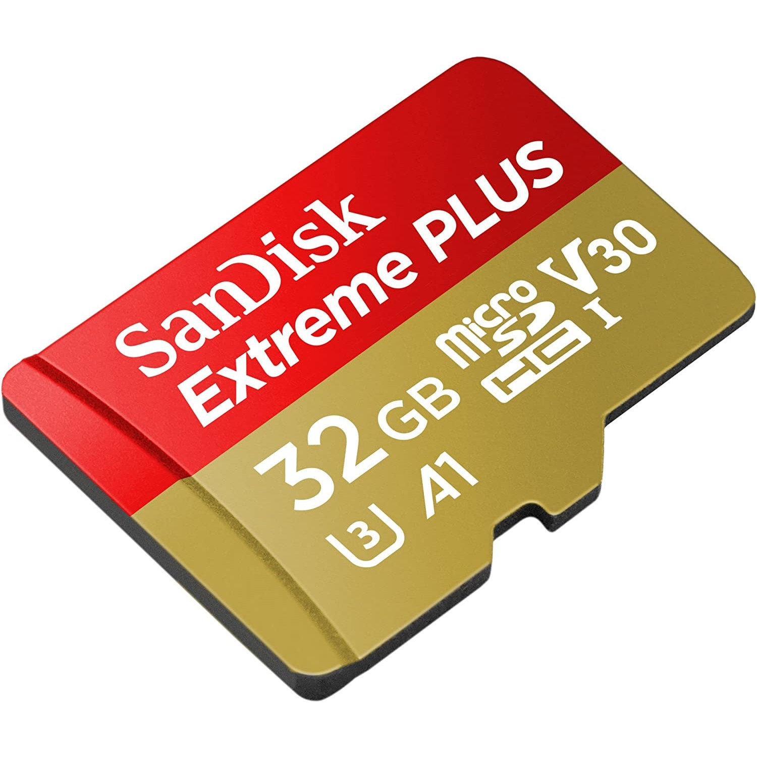 Una tarjeta microSD SanDisk Extreme PLUS roja y dorada.