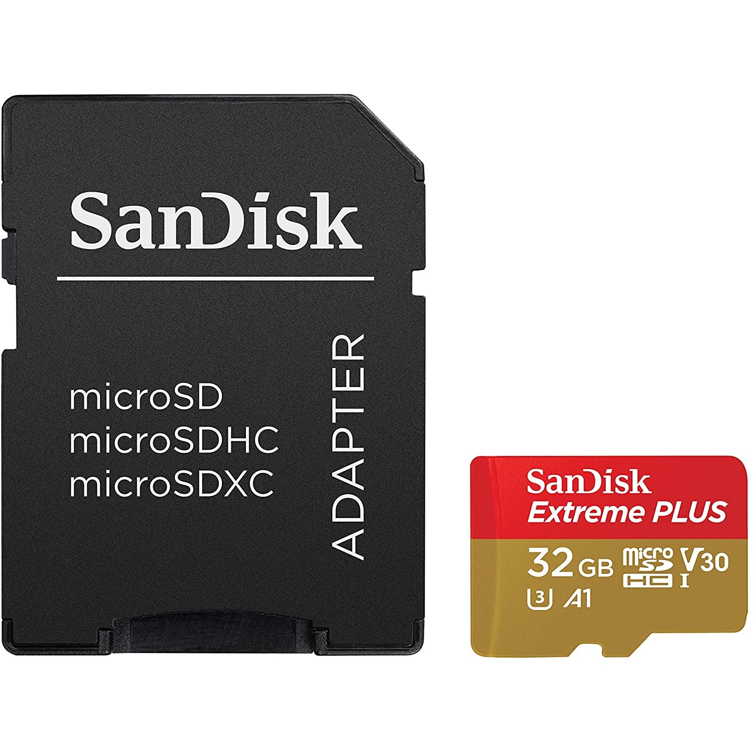 Adaptador Sandisk negro y tarjeta micro SD Sandisk Extreme Plus roja y amarilla.