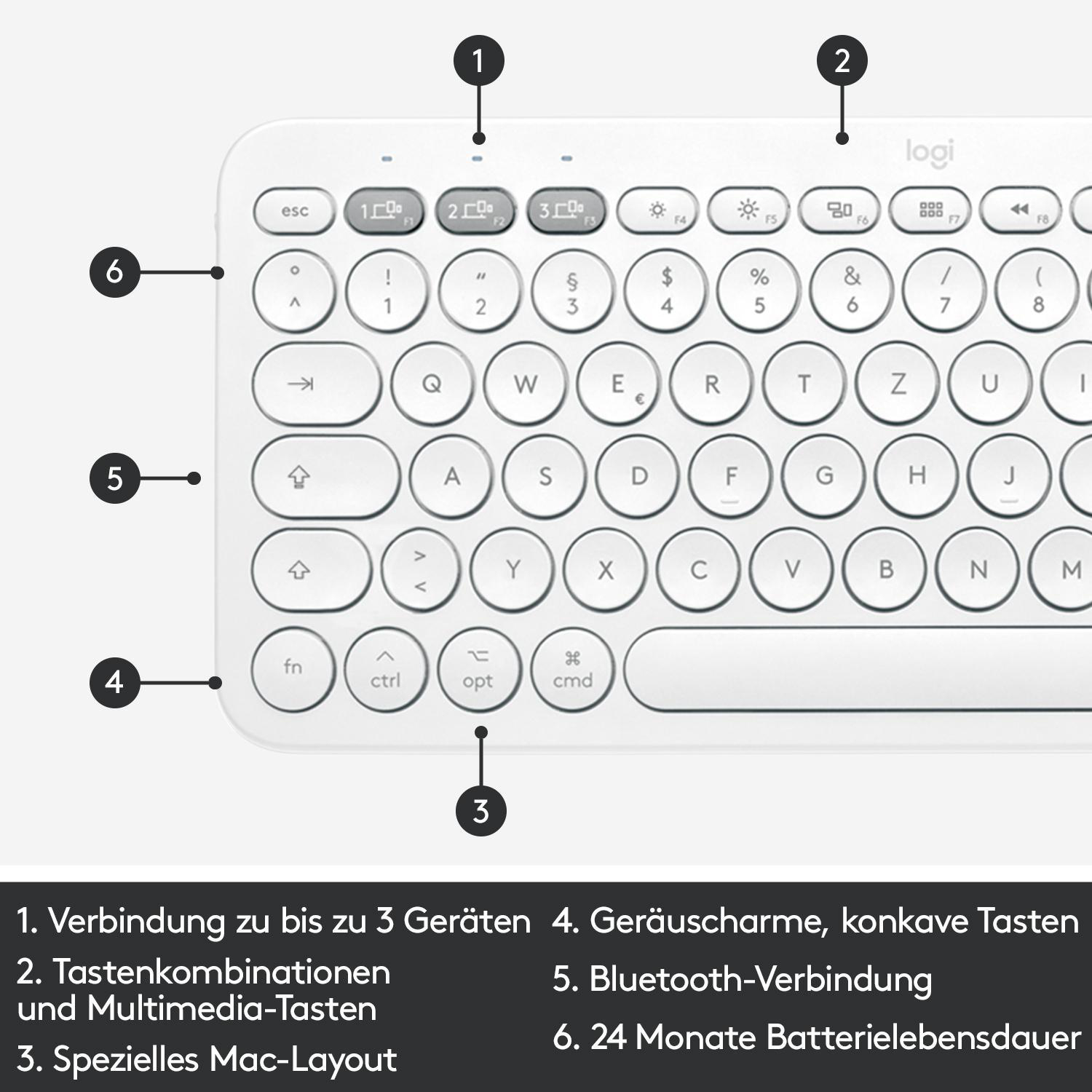 LOGITECH K380 Multi-Device, für Mac, Bluetooth, Tastatur, Sonstiges, kabellos, Weiß