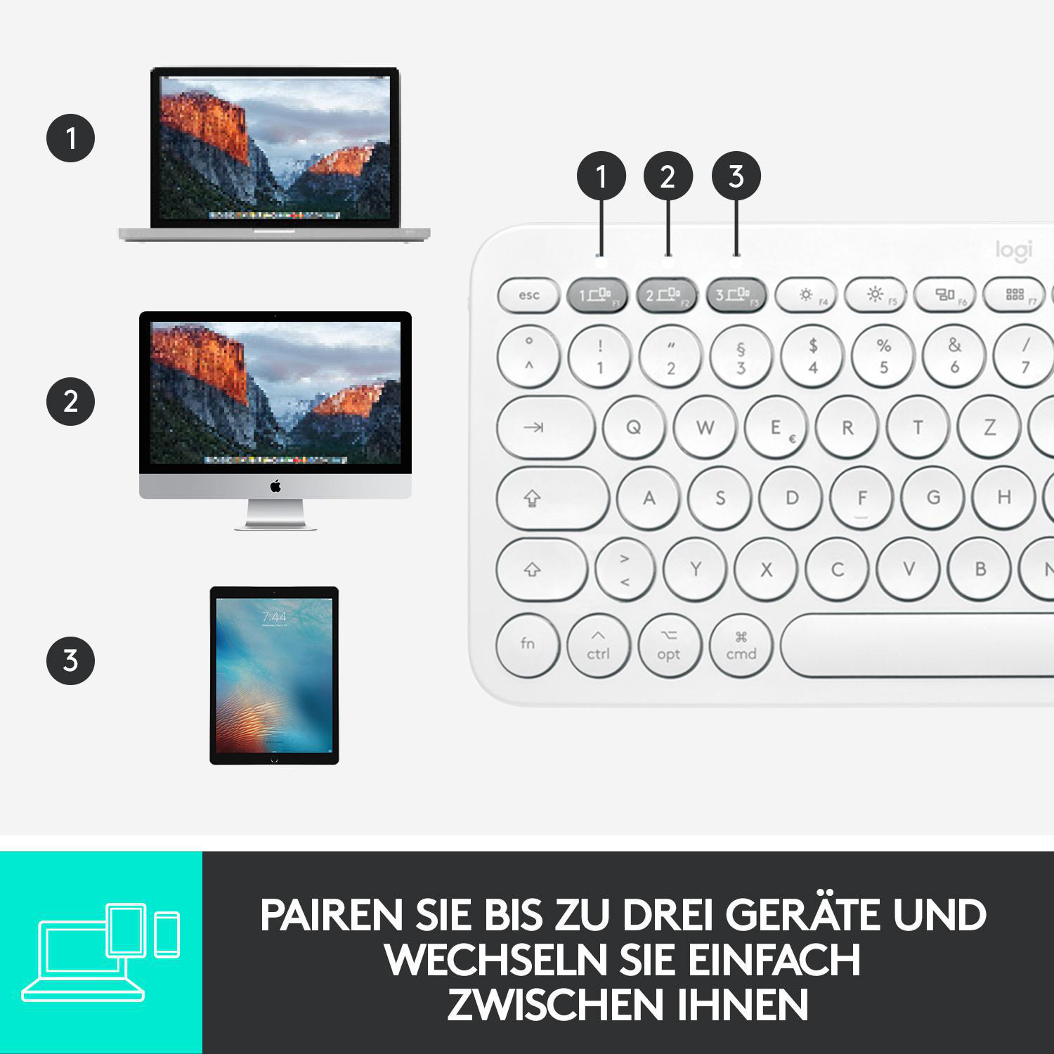 LOGITECH K380 Multi-Device, für Mac, kabellos, Tastatur, Bluetooth, Weiß