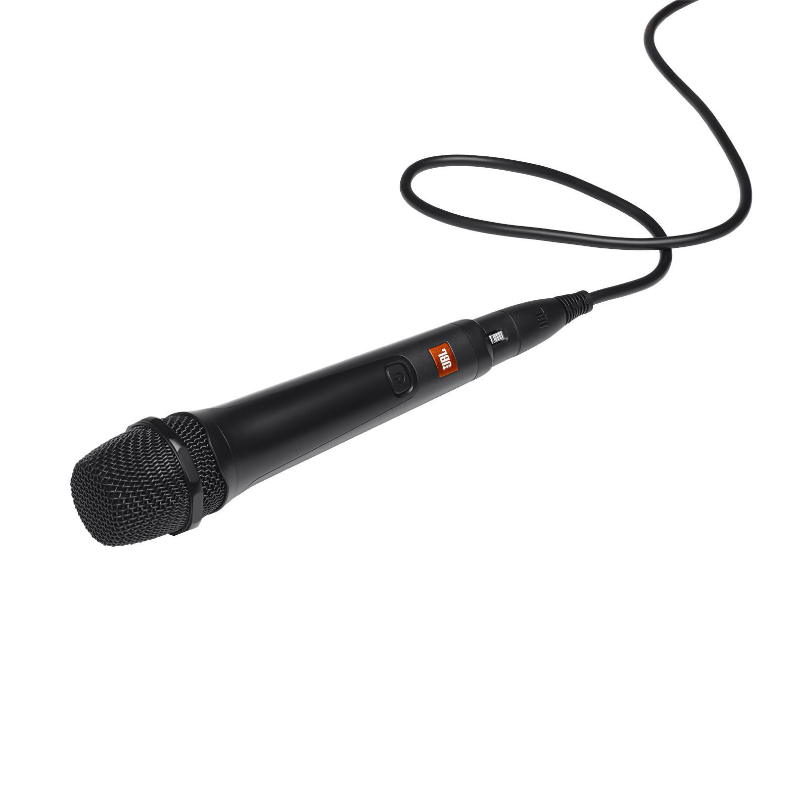 Ein schwarzes Mikrofon mit schwarzem Kabel auf weißem Hintergrund.