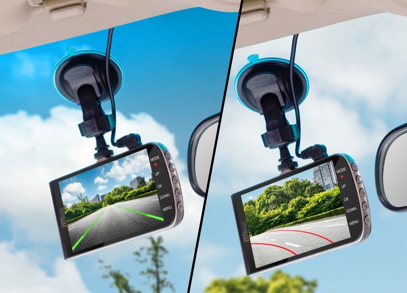 Zwei im Auto montierte Dashcams, eine zeigt eine Straße, die andere eine andere Ansicht.